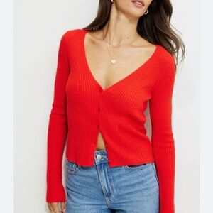 Dynamite Red Ribbed V-Neck Button Cardigan